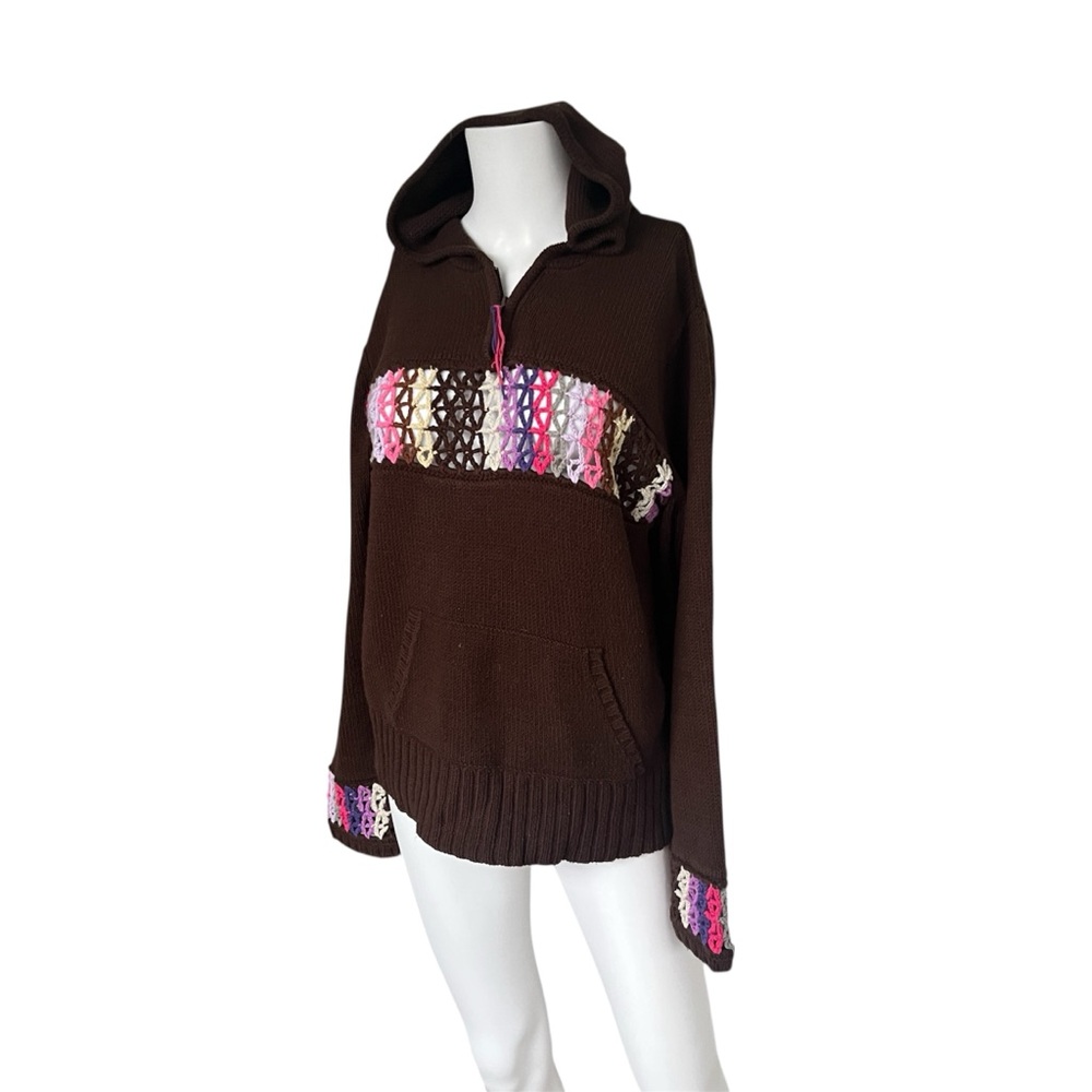 Cousin Johnny Knit Hoodie Sweater Brown Crochet Cutout Size Large L